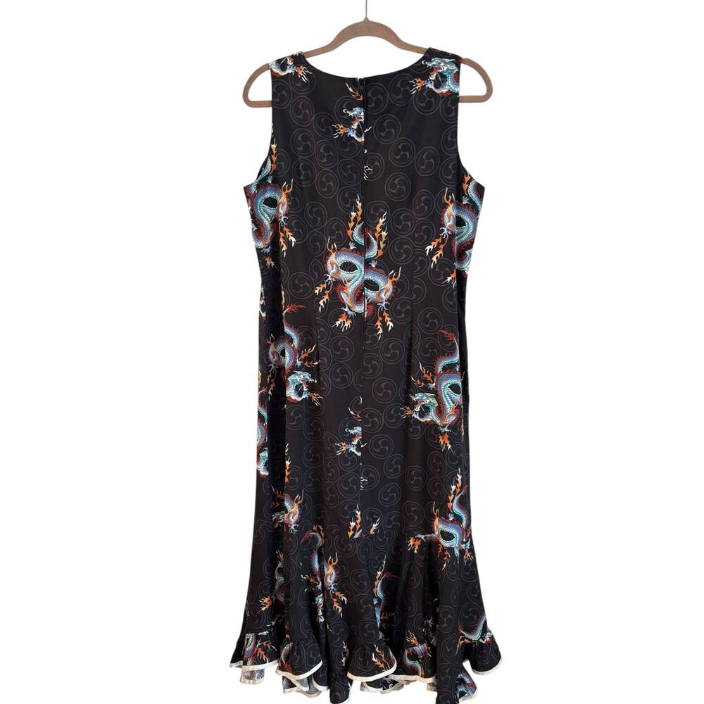 Vintage The Hawaiian Original Maxi Dress Black Dragon Sleeveless Ruffle Hem 16 - Picture 3 of 6